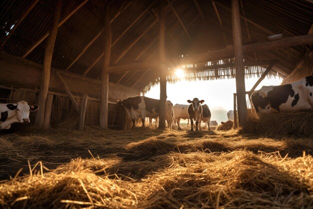 Cowshed diversi animali cowshed illuminato dal sole mattutino un sacco di coltivazione di fieno pulito