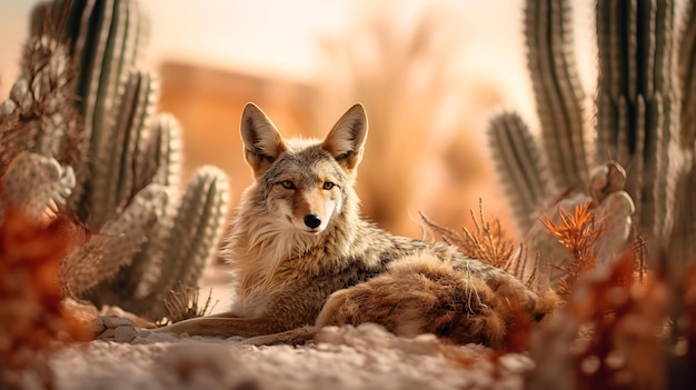 A coyote laying in the desert with a cactus in the background