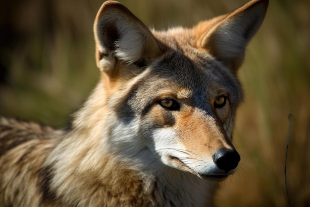 A coyote looks into the camera.