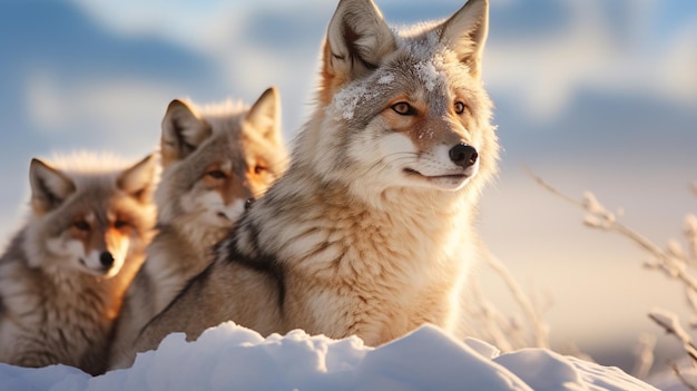 Photo coyote pair against the blue winter sky animals in the wild