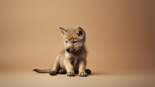 A coyote puppy sits on a brown background.
