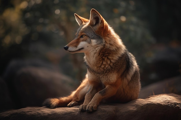 A coyote sits on a rock in the forest.