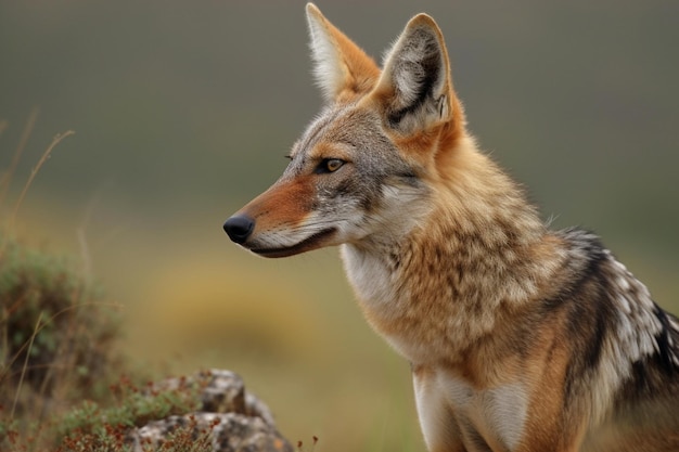 A coyote sits on a rock in the wild.