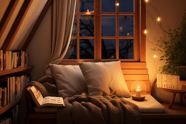 Cozy aesthetic reading nook with warm blankets Generative ai