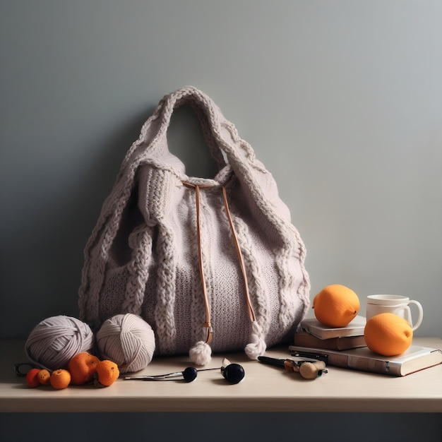 Cozy Aesthetics Knitted Bag on Table Still Life