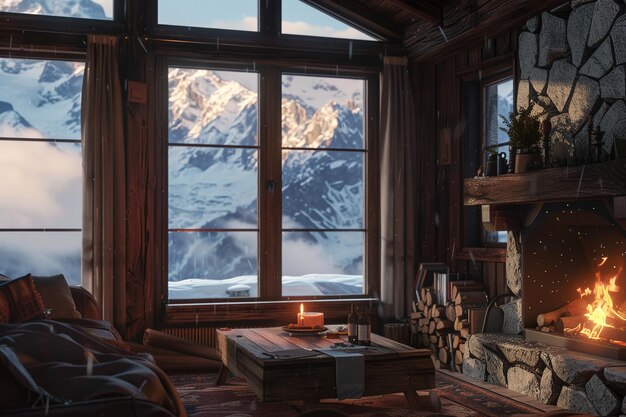 A cozy alpine cabin with a roaring fireplace