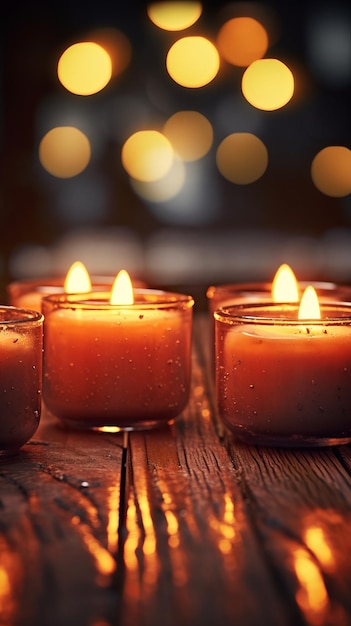 A cozy ambiance with a group of flickering candles on a rustic wooden table