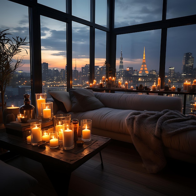 cozy apartment living room with giant windows to the city