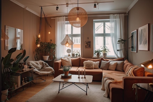 Cozy apartment with vintage decor and warm lighting created with generative ai