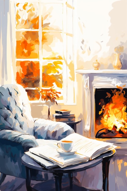 Cozy armchair by the fireplace with books and a cup of coffee on a table