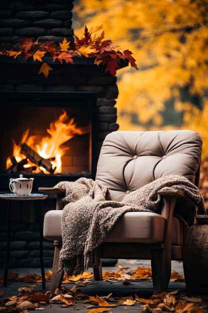 Cozy armchair in the room with fireplace