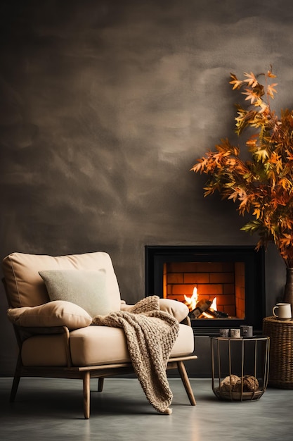 Cozy armchair in the room with fireplace