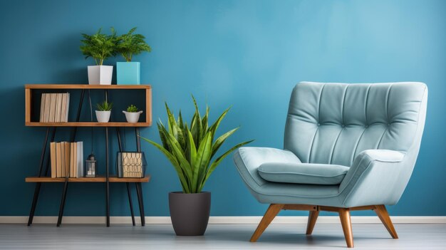 Cozy armchair shelves and houseplants near a blue wall