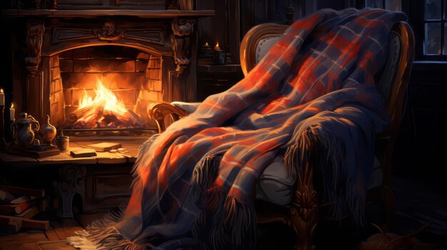 Cozy armchair with a blanket next to a burning fireplacexANew Year039s interior in a country house