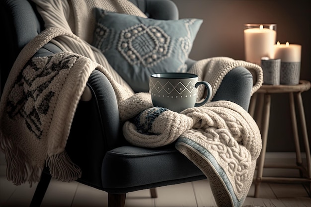 Cozy armchair with blanket and hot cup of tea for a peaceful escape created with generative ai