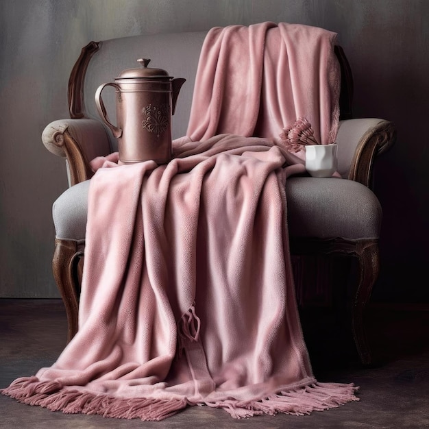 분홍색 담요와 커피 한 잔이 있는 아늑한 안락의자