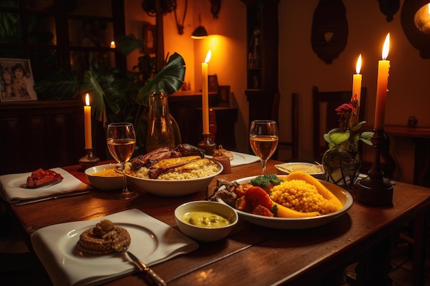 Уютная атмосфера со свечами и колумбийской едой в ресторане