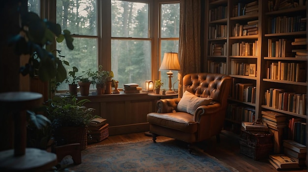 a cozy atmosphere with a comfortable chair soft lighting and books a perfect haven for quiet relax