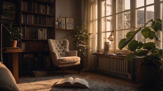 Photo a cozy atmosphere with a comfortable chair soft lighting and books a perfect haven for quiet relax