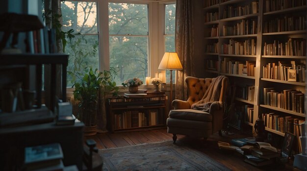 a cozy atmosphere with a comfortable chair soft lighting and books a perfect haven for quiet relax