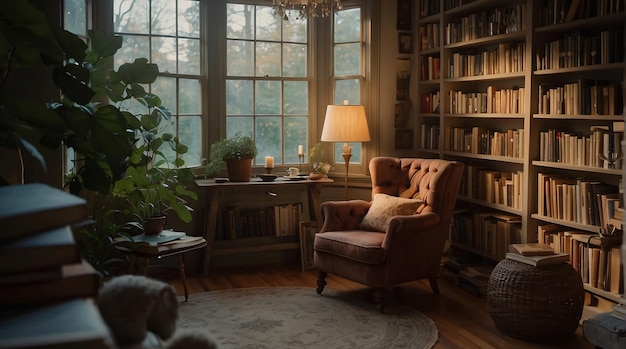 Photo a cozy atmosphere with a comfortable chair soft lighting and books a perfect haven for quiet relax