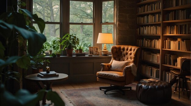 Photo a cozy atmosphere with a comfortable chair soft lighting and books a perfect haven for quiet relax