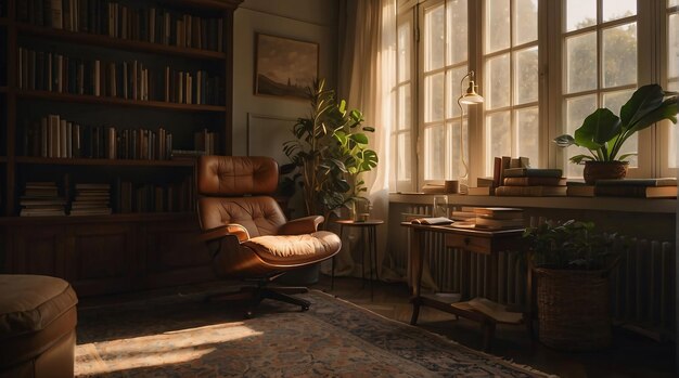 편안한 의자, 부드러운 조명 및 책과 함께 편안한 분위기 조용한 휴식을 위한 완벽한 피난처