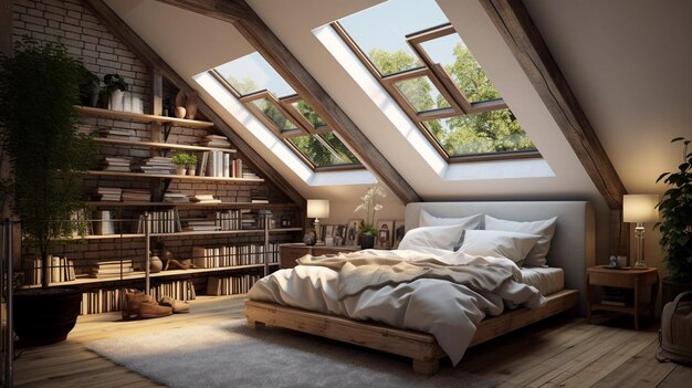 Photo a cozy attic bedroom with exposed beams background