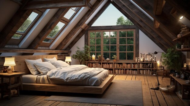 Photo a cozy attic bedroom with exposed beams background