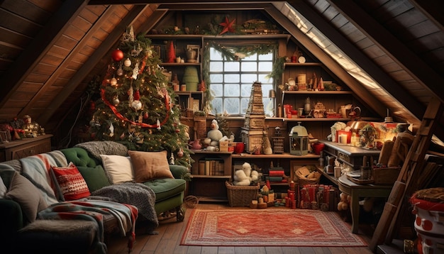 A cozy attic filled with vintage Christmas decoration