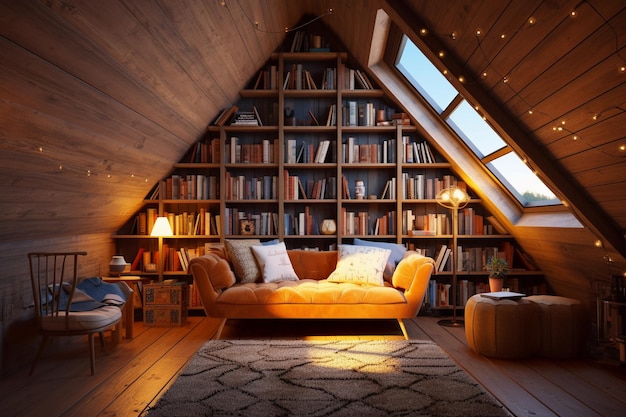 Cozy attic reading nook with a wooden table