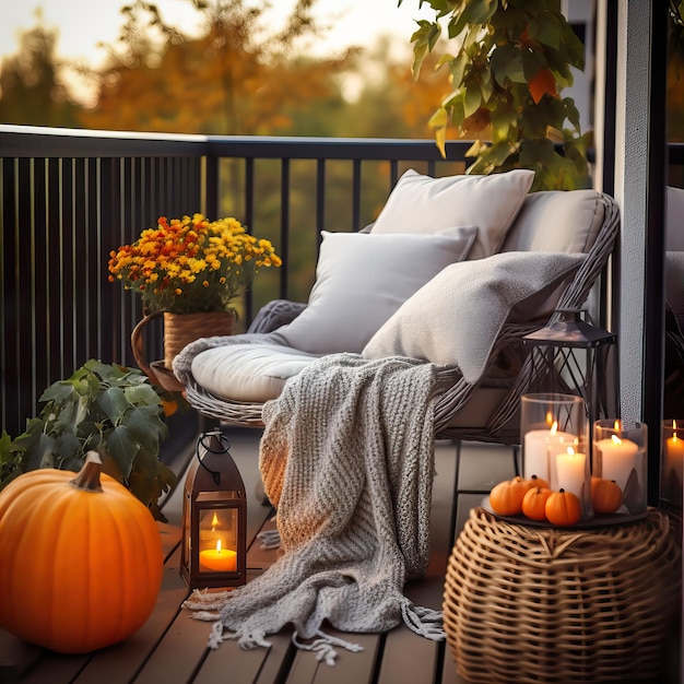 Cozy autumn balcony decor warm fall city balcony decor with chair and pillows pumpkins yellow leaves and candles in afternoon light