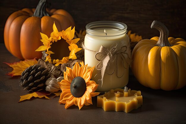 Photo cozy autumn candle surrounded by sunflowers and fall decor generative ai