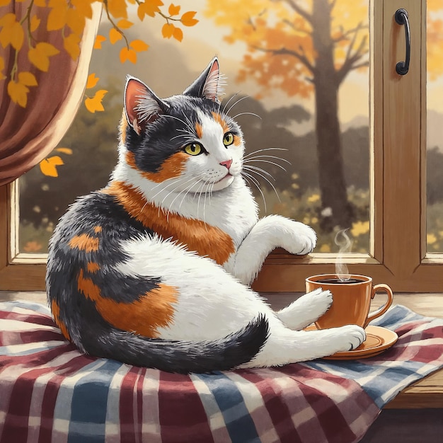 暖かい秋の猫とコーヒー