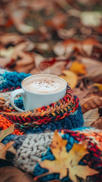 Photo cozy autumn coffee cup wrapped in colorful scarf among fallen leaves