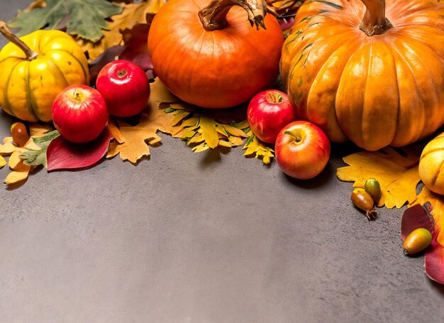 Cozy autumn composition with pumpkin wax candles and leaves thanks giving concept