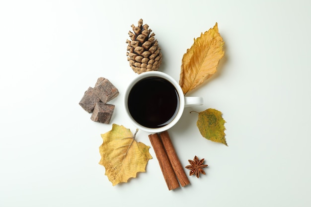 Cozy autumn concept background with coffee drink