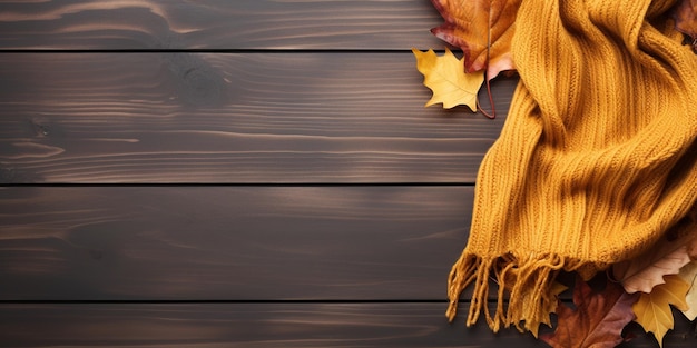居心地の良い秋のフラット レイアウト、葉とニット スカーフ
