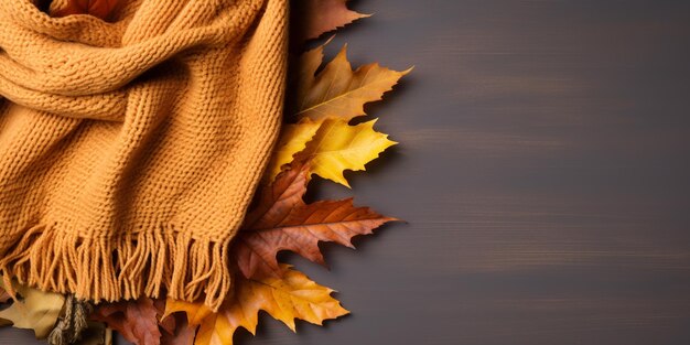 居心地の良い秋のフラット レイアウト、葉とニット スカーフ