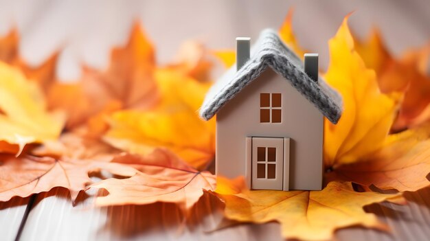아늑한 가을 집 생생한 색상 더미 위에 자리 잡은 매력적인 작은 집