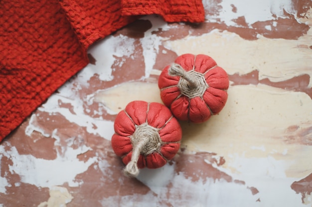 Cozy autumn home decor with fabric pumpkins Thanksgiving and Halloween concept