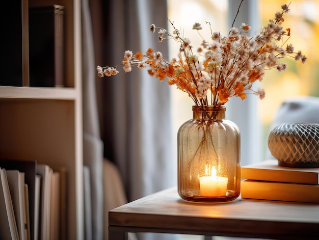Cozy autumn interior decor arrangement warm fall home decoration composition dried flowers in vase closeup shot