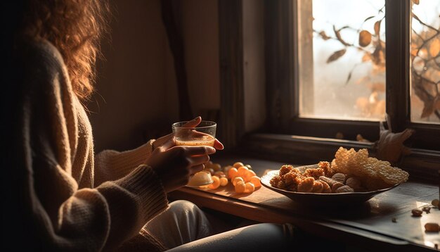 A cozy autumn lunch with wine snacks and togetherness generated by AI