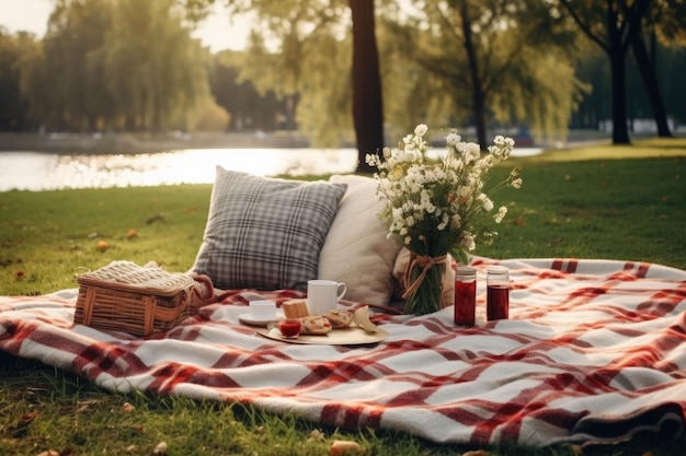 Уютный осенний пикник в парке с бутербродами и пледом. Генеративная иллюстрация AI.