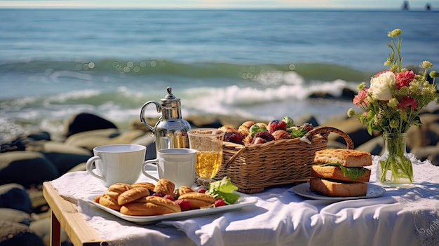 a cozy autumn picnic set up on a beach with a spread of fresh tea delectable croissants