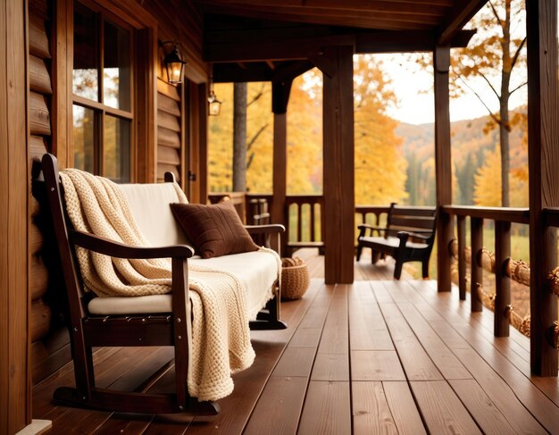 Photo cozy autumn porch with wooden bench and warm woven blanket and trees in golden leaves