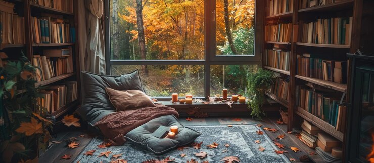 Photo cozy autumn reading nook with window view