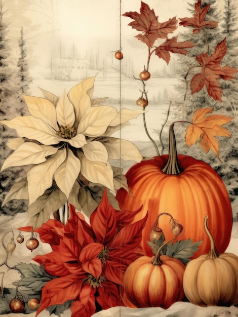 Cozy Autumn Scene with Pumpkins and Flowers