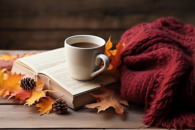 A Cozy Autumn Symphony Knitted Comforts Books and A Warm Mug of Tea on a Rustic Wooden Table