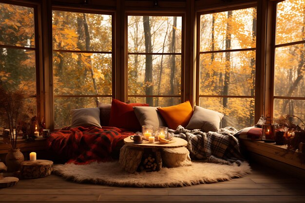 Cozy autumn terrace with cozy pillows and plaids